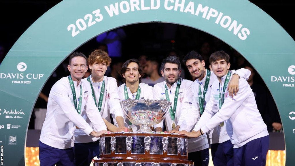 Italy celebrate their 2023 Davis Cup victory over Australia