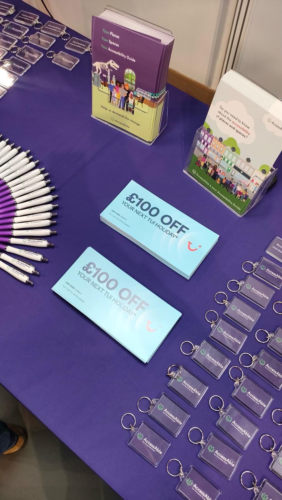 A Birds Eye view of the AccessAble stand table, including £100 vouchers off Tui holidays 