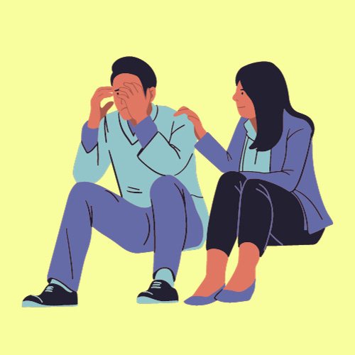 A man and a woman sat on the ground. both wearing different shades of blue and purple tops and trousers. The guy has both hands on his face as a sign of distress and the woman has her hands on his shoulder, consoling him. Graphic from canva