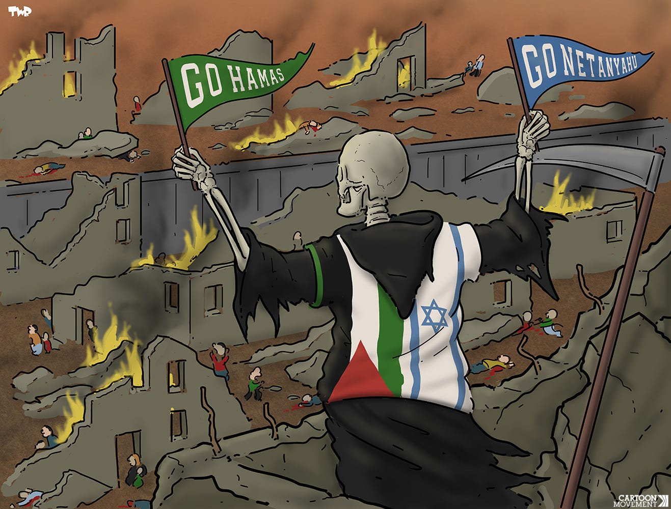 Cartoon showing the Grim Reaper wearing a shirt with both the Palestinian and the Israeli flag, with a flag that says “Go Hamas” and a flag that says “Go Netanyahu” in each hand, cheering on the war between Israel and Palestine.