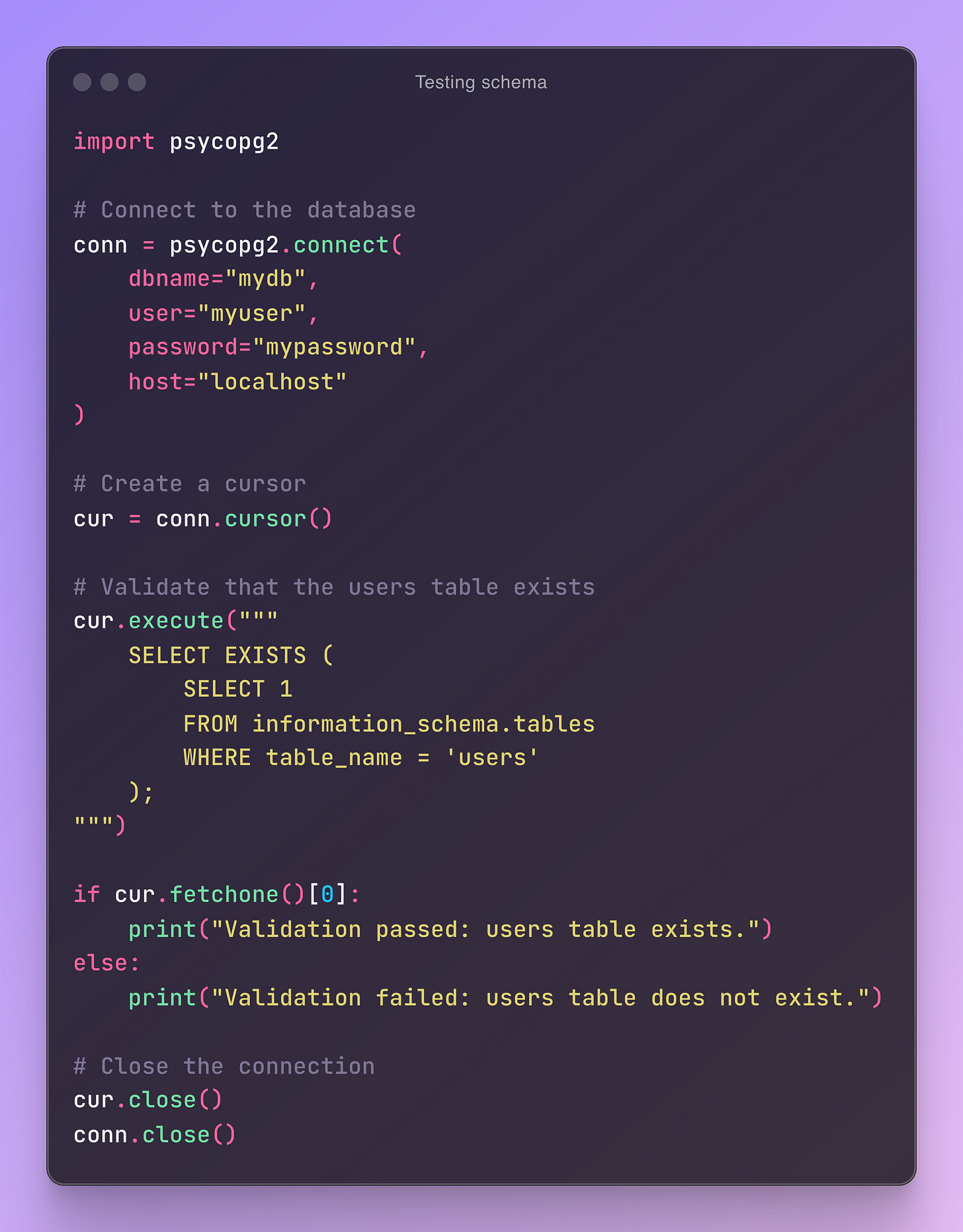 A python script that checks the existence of the users table