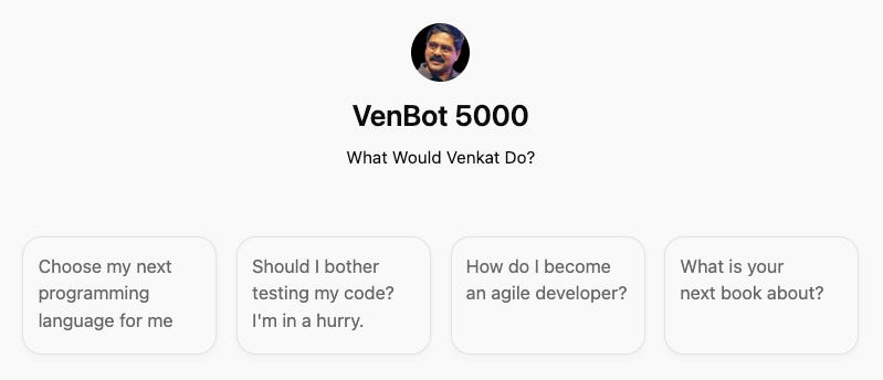 The VenBot 5000 custom GPT user interface, with some suggested questions