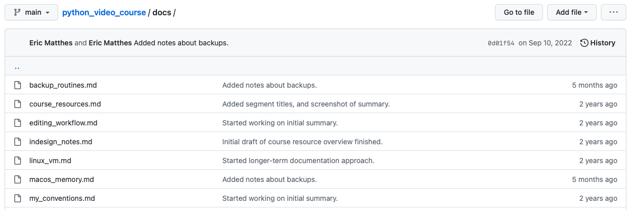 Directory from a project on GitHub showing multiple documentation files.