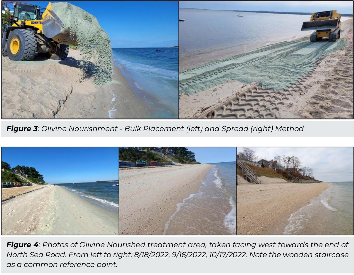 Photos of olivine being placed on a beach in the Hamptons