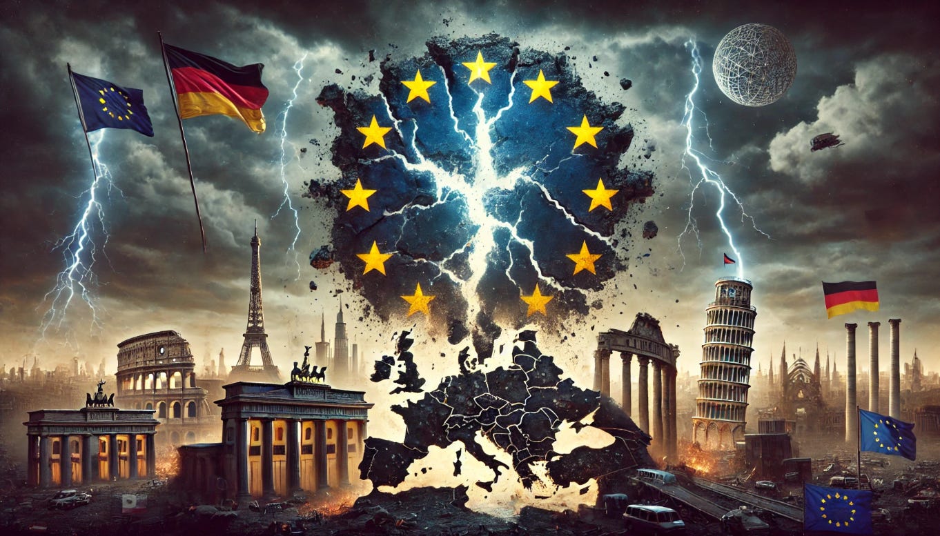 A dramatic visualization of the European Union's collapse, featuring a torn EU flag with stars scattering into darkness. Surrounding the scene are crumbling landmarks from EU member states, including the Eiffel Tower (France), Brandenburg Gate (Germany), Colosseum (Italy), and Atomium (Belgium), against a backdrop of stormy skies and lightning. The European map beneath is cracked and fragmented, symbolizing division and chaos, with fiery hues and intense shadows evoking a sense of upheaval and uncertainty.