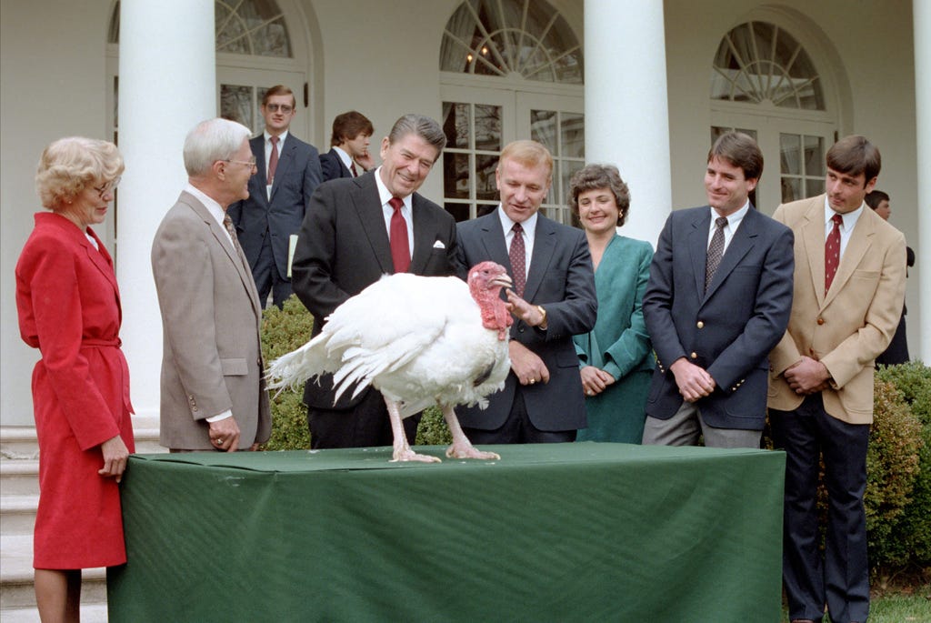 President Reagan during the Presentation of the Thanksgiving Turkey from  the President and Executive Vice President of the National Turkey  Federation William Prestage and Lew Walts in the Rose Garden - PICRYL -