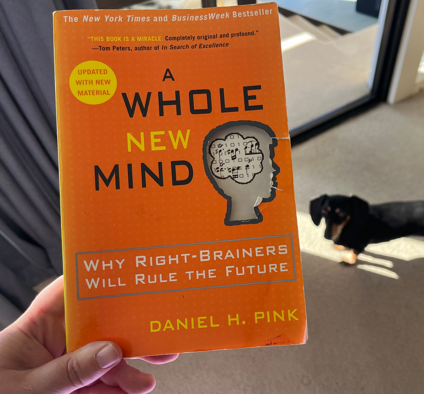 In the foreground a hand holds a copy of Dan Pink's book A Whole New Mind. In the background there is a blurry black dachshund.