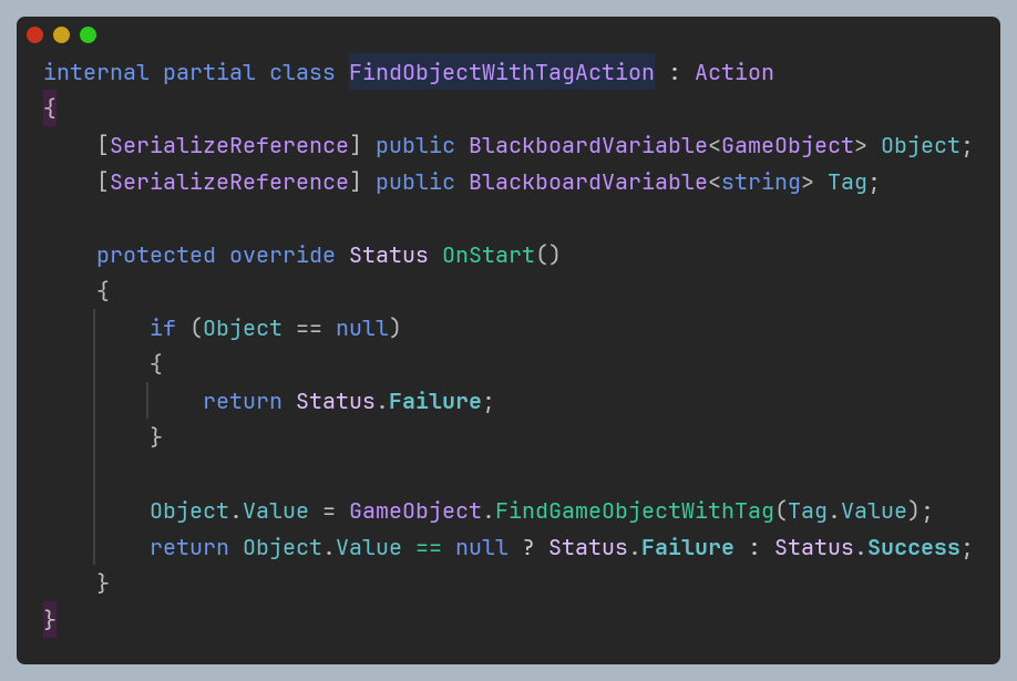 An image displaying the code for the 'FindObjectWithTagAction' class