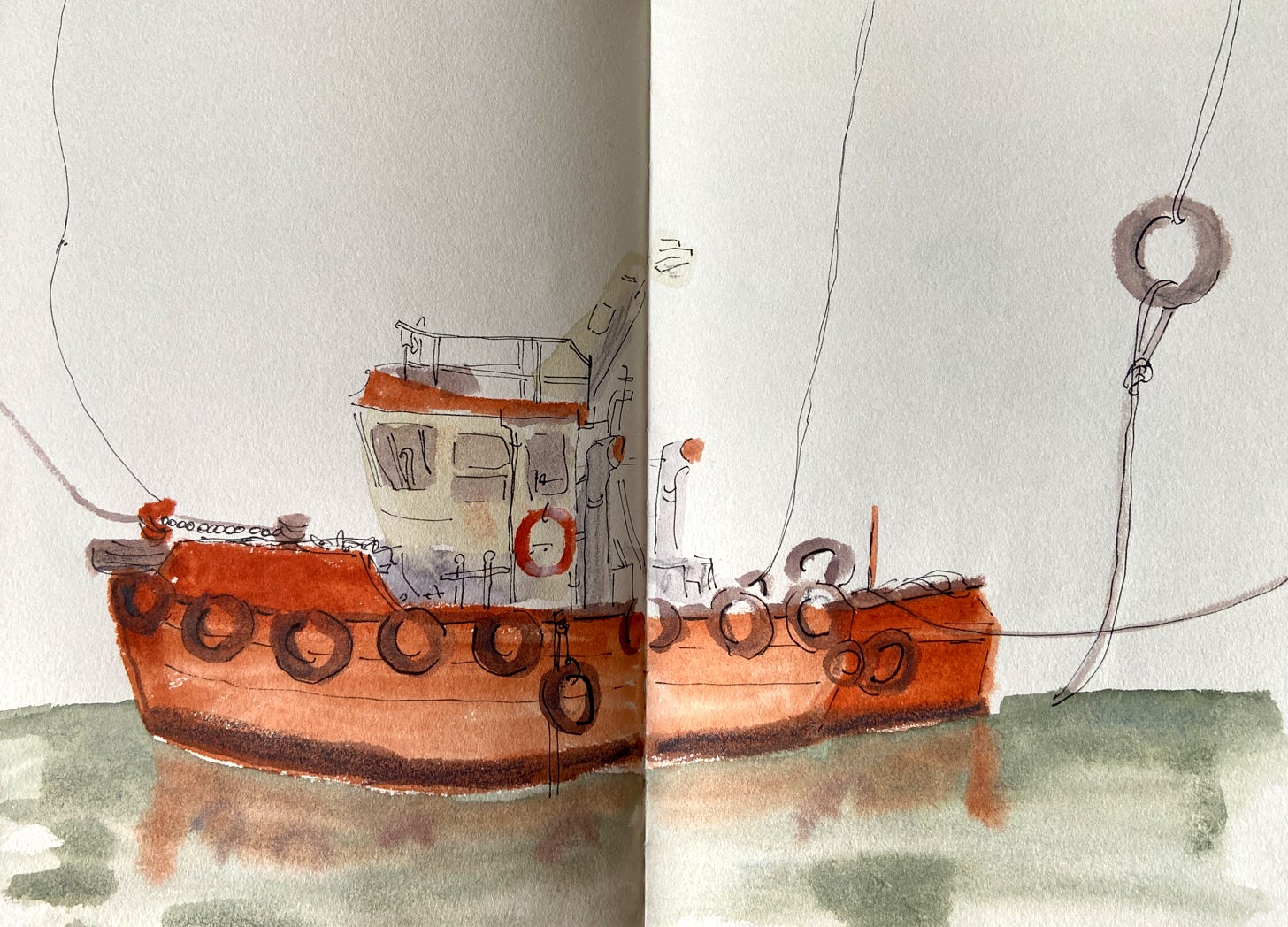 watercolour painting of a small red tug boat on green sea next to harbour wall