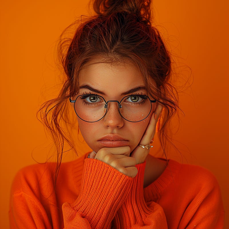 magine a woman being angry, frowning, looking at the camera, with one hand covering her mouth, wearing eye glasses and accessories with contrasting vivid colors.