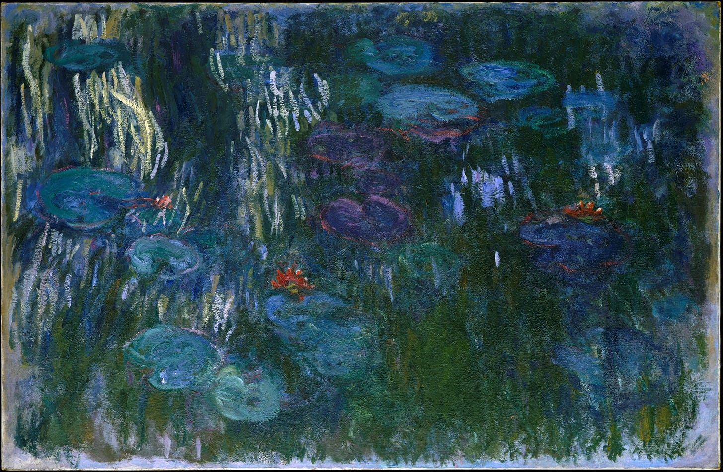 a painting of water lilies floating on the dark surface of water with the reflection of bright willow branches on the left