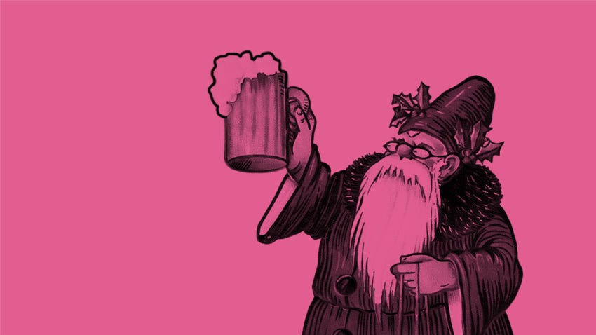 Saint Nicholas with a foaming glass of beer.