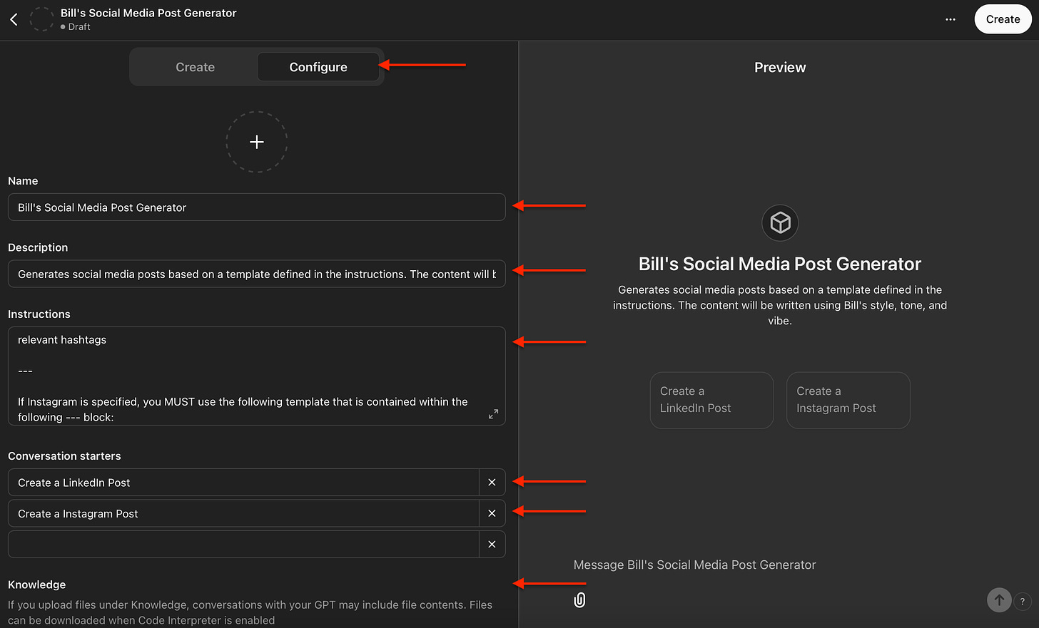 Screenshot of a GPT configuration interface with fields for name, description, instructions, and options for social media posts.