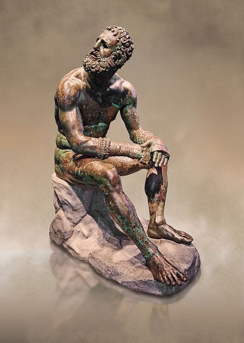 Rare original Greek bronze statue of an Athlete after a boxing match, a ...