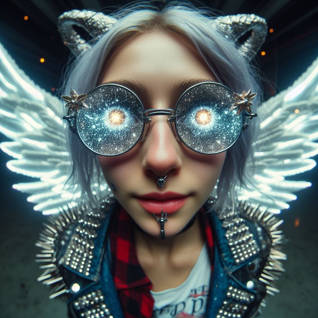 a wide angle shot of a sprite with silver wings, her eyes twinkling like supernovae. She wears spectacles made of intergalactic prisms and and is dressed like a punk and looks mildly insane. + cinematic