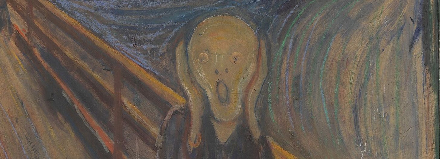 closeup of the skeletal figure clutching his head in shock from Edvard Munch's 1893 painting "The Scream"