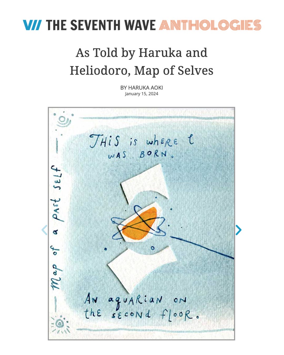a graphic featuring an image from an illustrated artwork called "As Told by Haruka and Heliodoro, Map of Selves." The image is light blue and has handwritten text and cut paper shapes on it.