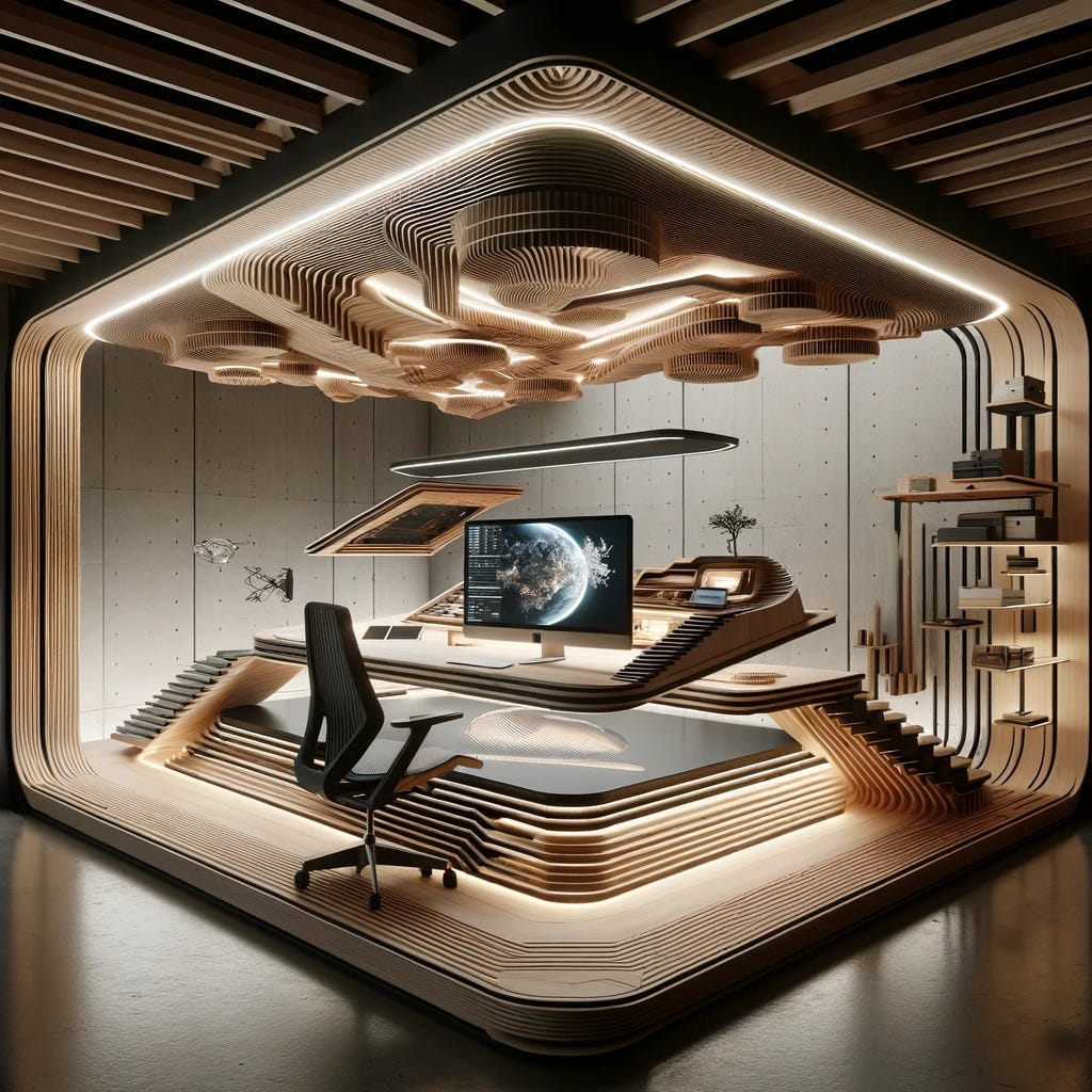 Visualize a futuristic, high-tech workspace where the concept of tsugite, a traditional Japanese joinery technique, is applied to cutting-edge technology. This workspace features an ultra-modern, ergonomic computer desk with seamless tsugite connections, integrating organic wooden elements with sleek, metallic surfaces for a visually stunning contrast. Above the desk, a floating holographic display hovers, casting soft light on the intricate woodwork below, showcasing the fusion of ancient craftsmanship and futuristic technology. The room is equipped with smart ambient lighting that adapts to the user's mood and activity, enhancing focus and creativity. The workspace is minimalist yet dynamic, symbolizing a bridge between the past and future, where the elegance of tsugite enhances the functionality and aesthetics of modern technology.