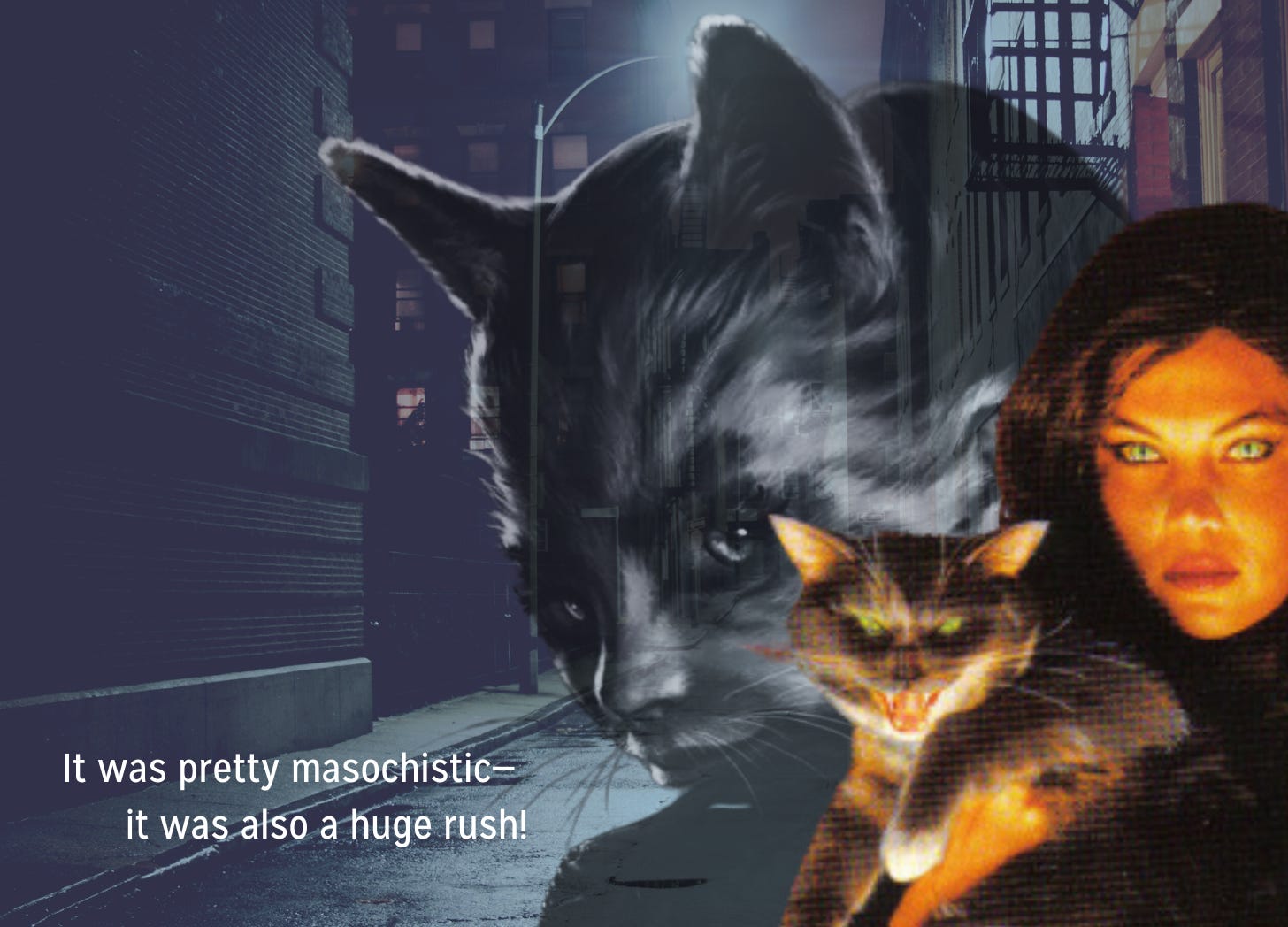 A gray city street in the background, with a faded cat woman cut out overlaid. In color at the foreground, a woman with cat eyes holds a yowling cat. White text in the bottom left reads "It was pretty masochistic-it was also a huge rush!"