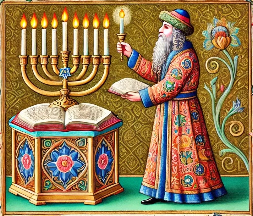 A detailed illustration in the style of a 13th-century illuminated Jewish manuscript (mahzor) showing a man lighting Hanukkah candles. The scene is framed with intricate floral and geometric patterns typical of medieval art, with vibrant colors including gold accents. The man wears traditional medieval Jewish clothing, including a long robe and hat, and is depicted standing by a menorah with lit candles. The background includes a decorative, manuscript-style border and Hebrew calligraphy.