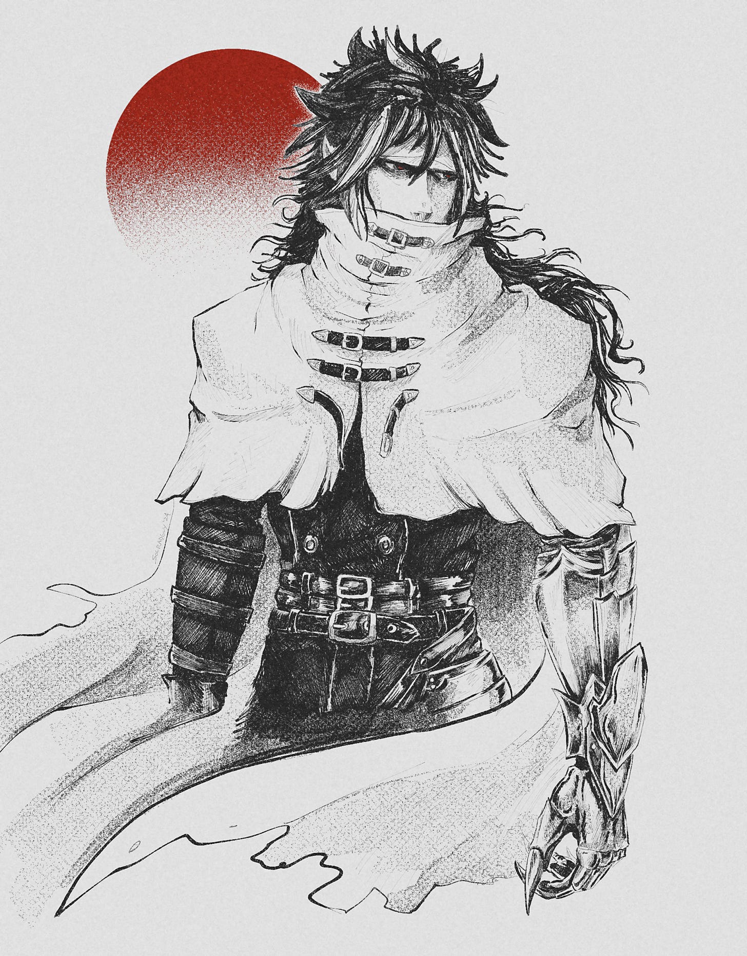 Vincent Valentine from Final Fantasy VII Rebirth. The style greyscale with heavy inks and texture. A red sun forms out of the mist just behind his head. His expression is pensive.