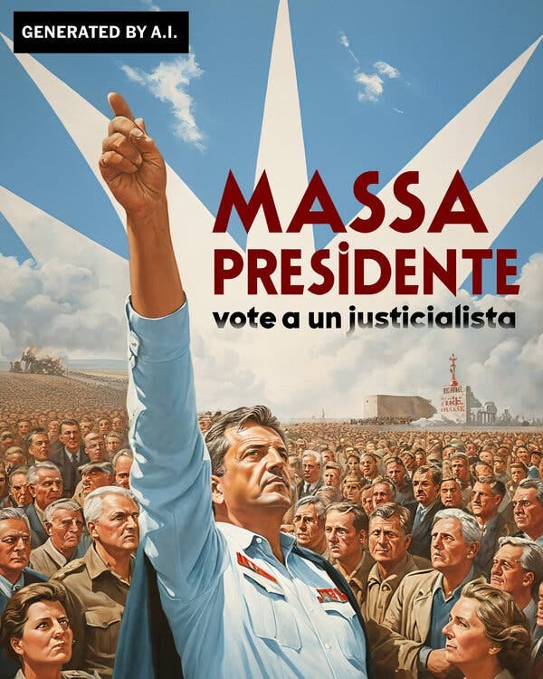 An A.I.-generated image made by the campaign staff of Sergio Massa, an Argentine presidential candidate, shows Mr. Massa in a leadership role.  