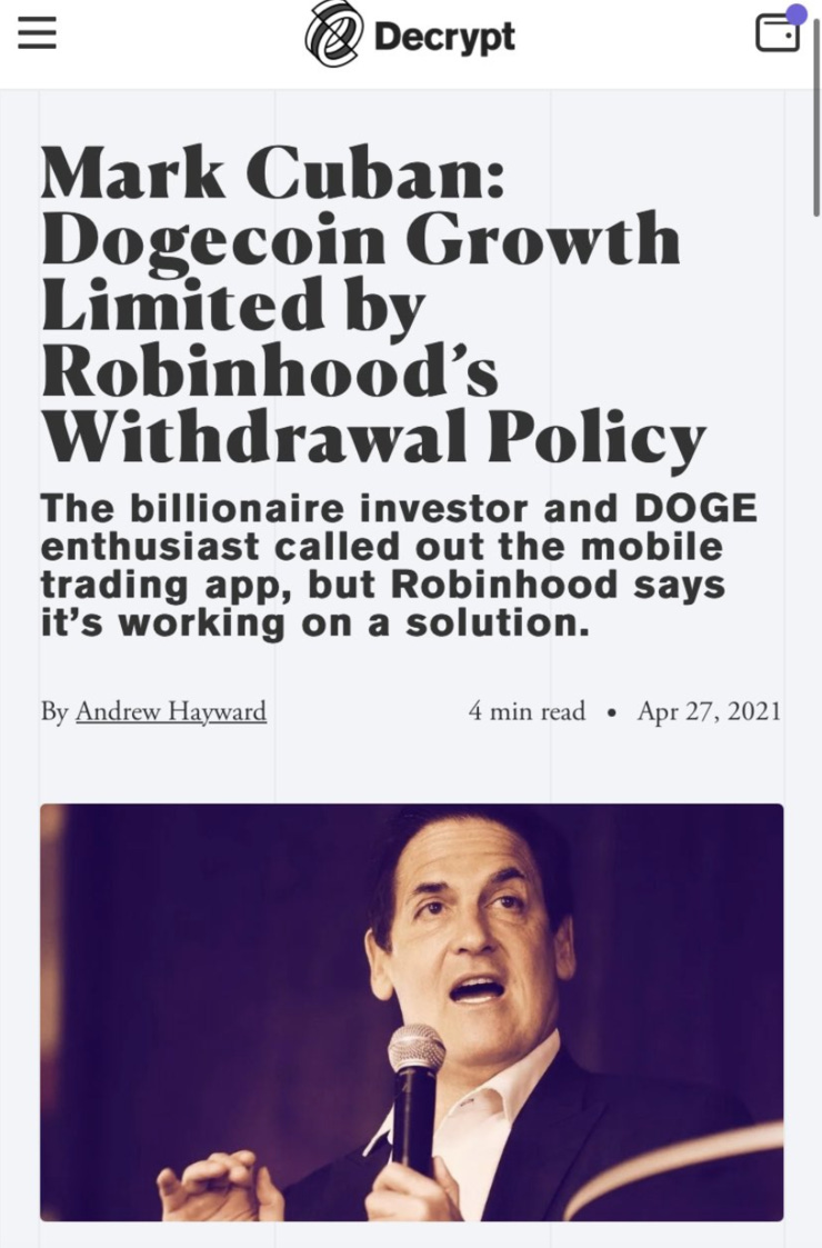 According to Mark Cuban, Robinhood's lack of crypto wallets is hurting Doge's value