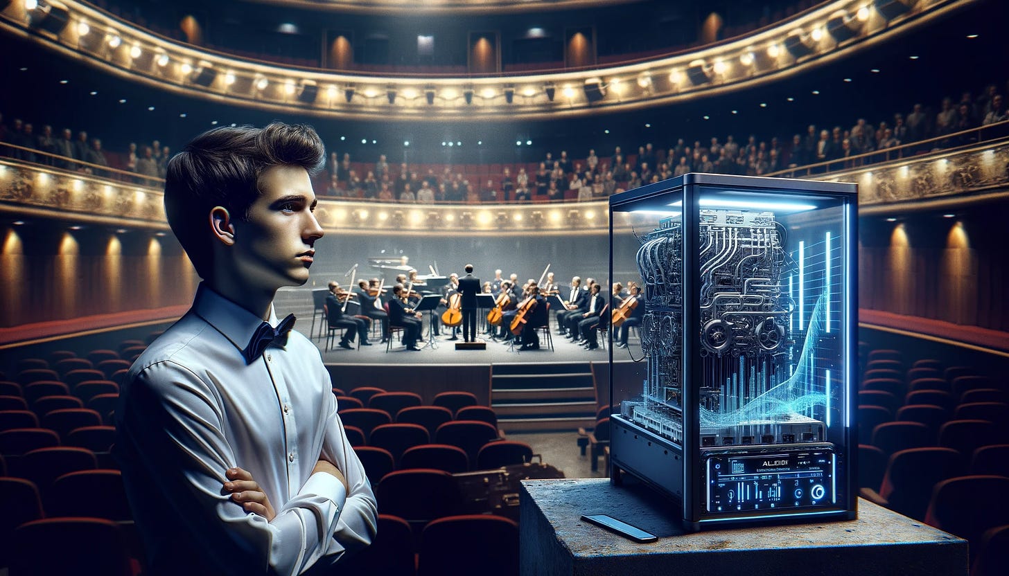 A young concert organizer assistant, Alex, stands pensively in a concert hall, surrounded by musical instruments and a visible AI system on stage, symbolizing the blend of technology and traditional music. The AI system, MelodyAI, is depicted as a sleek, futuristic device with a digital screen displaying musical notes. The concert hall is dimly lit, emphasizing the mood of contemplation and the clash between the old and the new in the music world. Alex appears thoughtful and slightly troubled, reflecting their internal conflict about the role of AI in music. The image captures the essence of a modern dilemma: the integration of cutting-edge technology into the deeply human art of music.