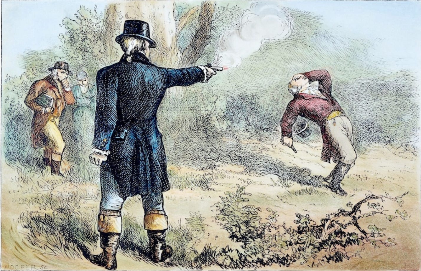 A dramatically imaginative (if inaccurate) 19thc illustration of the duel between Hamilton &amp; Burr.