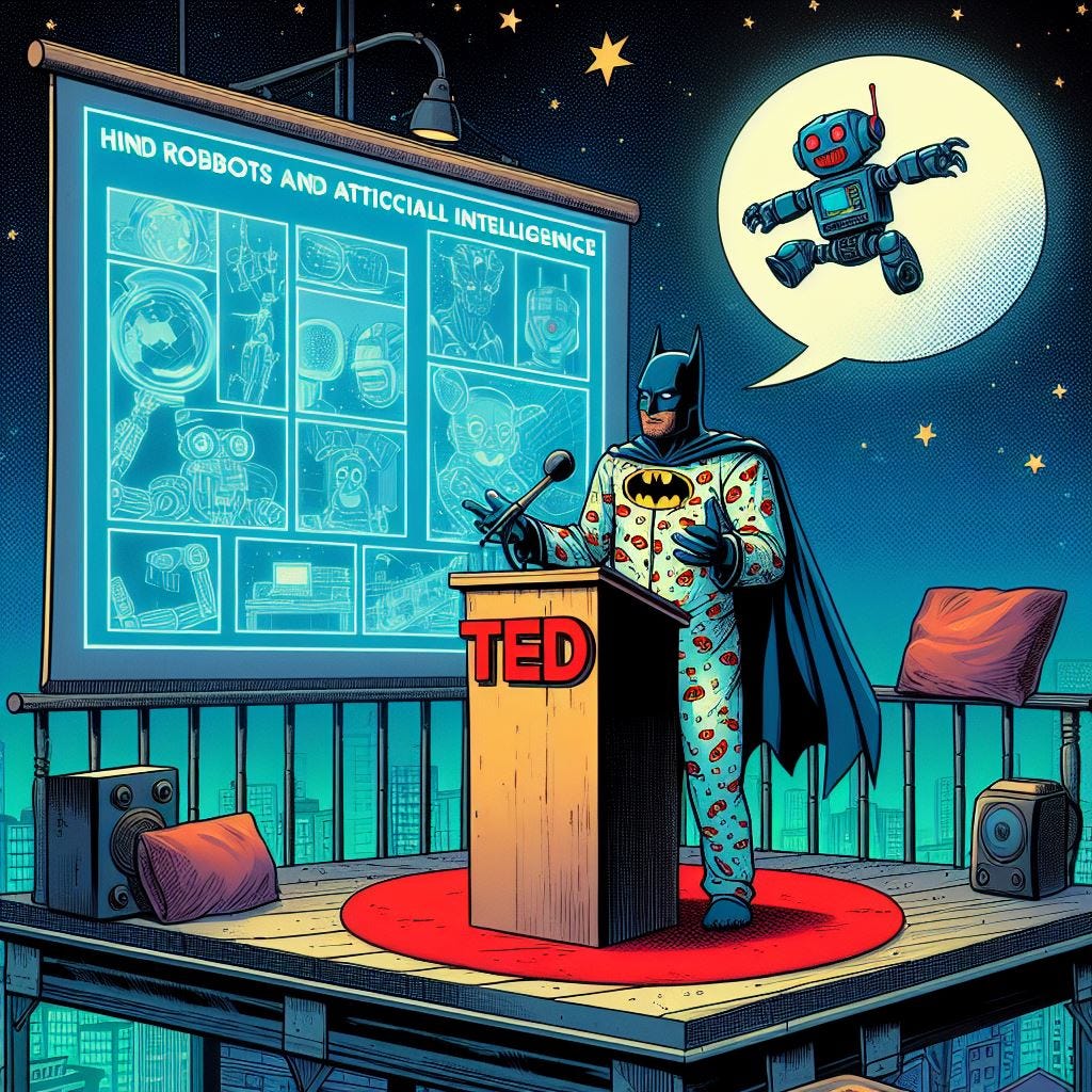 batman in pijamas giving a TED talk about robots and artificial intelligence. In american comics style