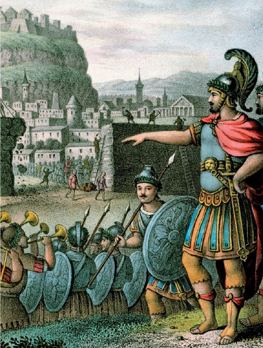 Ancient soldiers led by a commander with a helmet and red cape prepare for battle in front of a fortified city, with mountains in the background. Ancient soldiers led by a commander with a helmet and red cape prepare for battle in front of a fortified city, with mountains in the background.