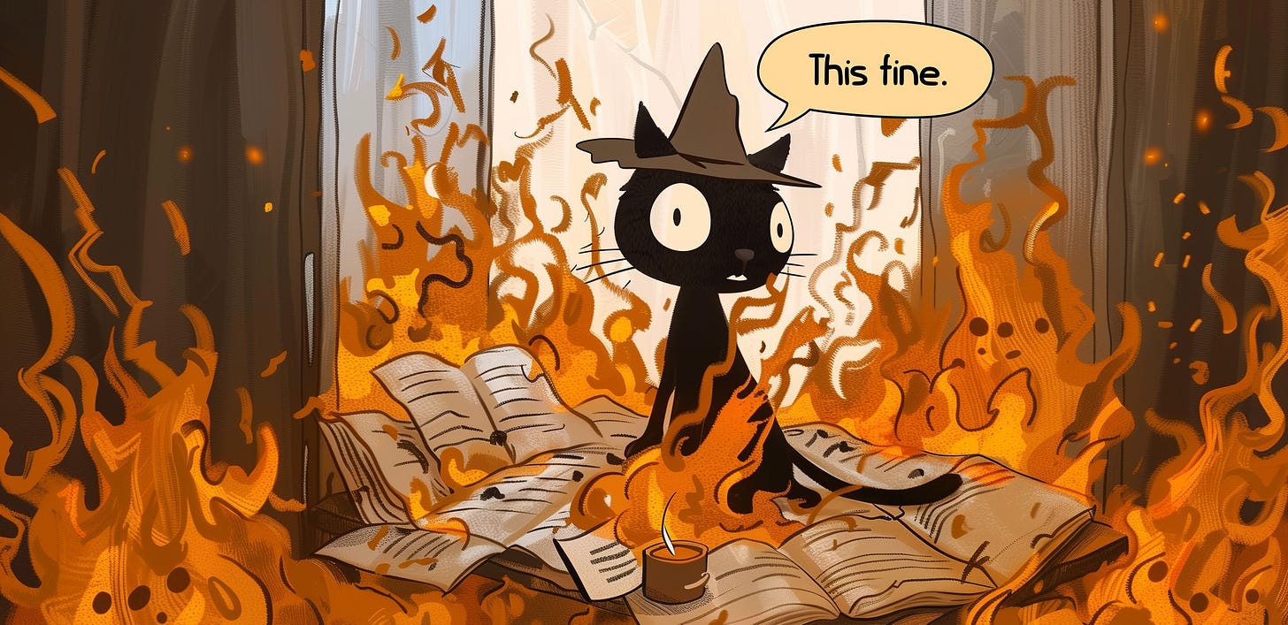 An illustration of a black cat wearing a wizard hat, sitting amidst a room on fire with flames engulfing the surroundings. The cat has wide eyes and a speech bubble that reads, 'This fine.