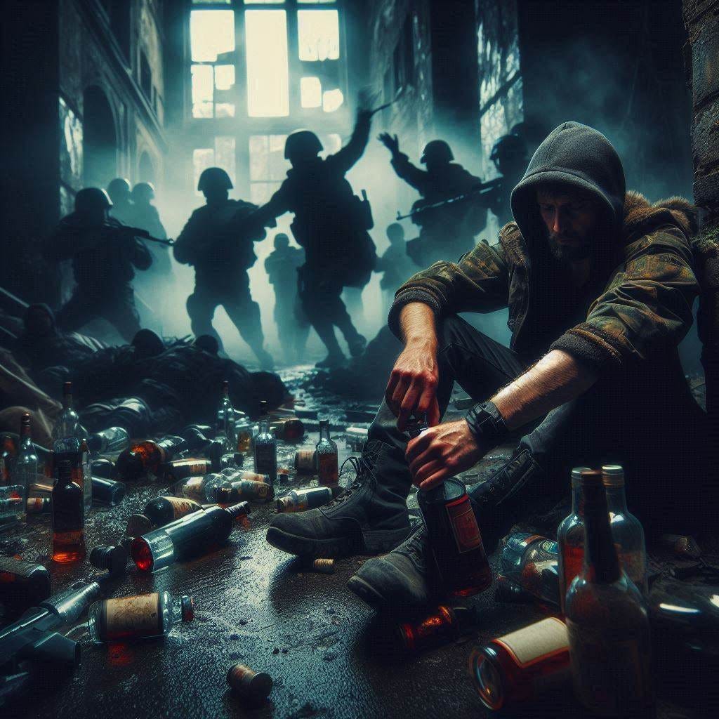 dark, gritty scene representing Russia, disheveled individuals with bottles of alcohol, a chaotic brawl or theft, backdrop of decaying urban structures, grim, hyperrealistic, very realistic, very very realistic, very highly detailed, very detailed faces, real world, HD Quality, 8k resolution, intricate details, incredibly detailed, crisp focus, cinematic light, digital art, depth of field, Canon EOS R camera with a 50mm f/1.8 lens, f/2.2 aperture, shutter speed