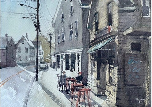 A watercolor of a street with buildings and people sitting at tables

Description automatically generated