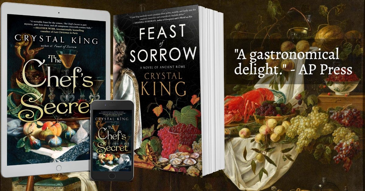 A tablet and phone showing the cover of a book, The Chef's Secret, and a book, Feast of Sorrow, against a Renaissance painting, a table full of food, grapes, lobsters and more.