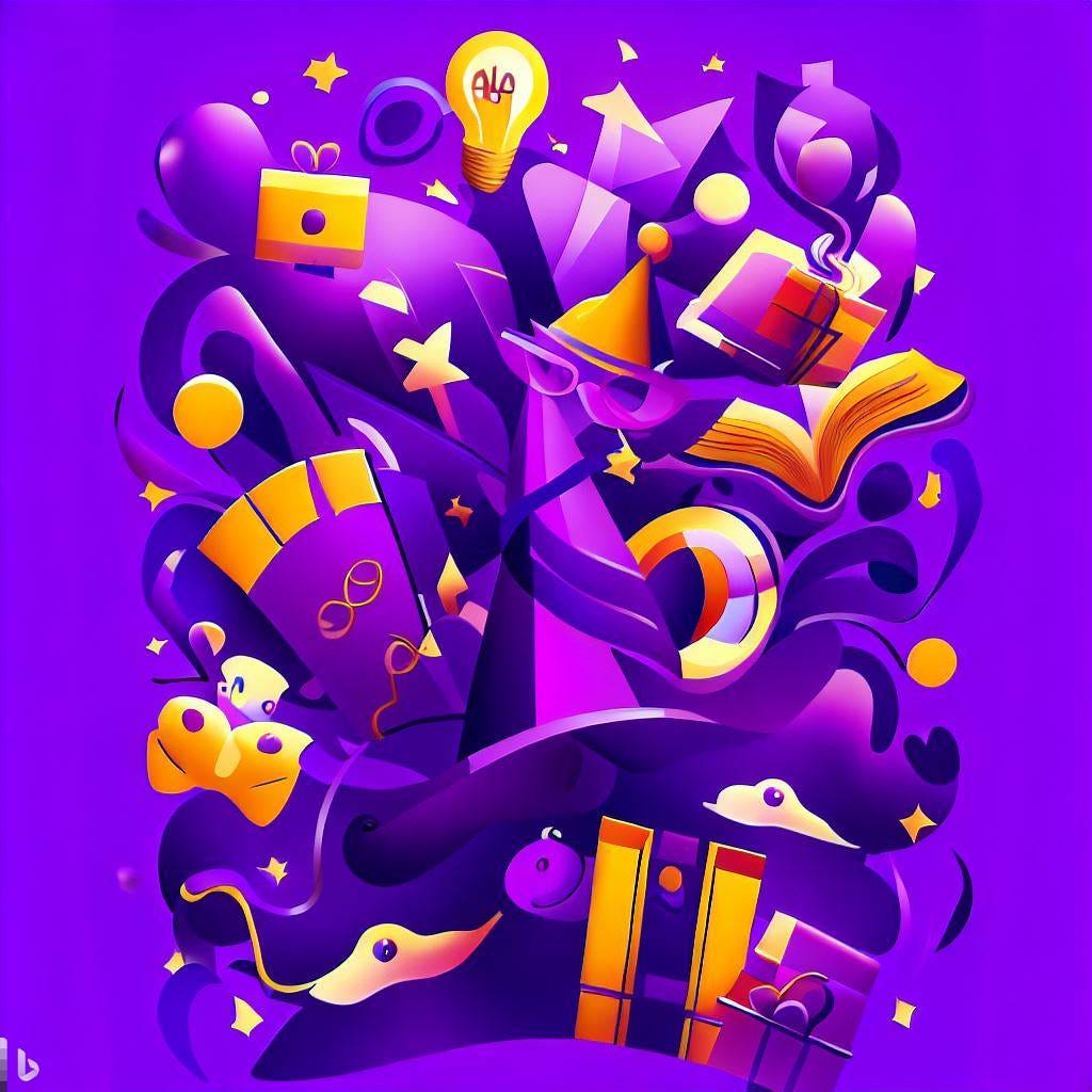 Create a fun and vibrant visual for a birthday party. The image should convey the joy and excitement of celebrating milestones. Use purple colors and playful imagery to create a festive and whimsical design. No children. You could also include imagery such as books,, or puzzles to reinforce the theme of  learning. No text