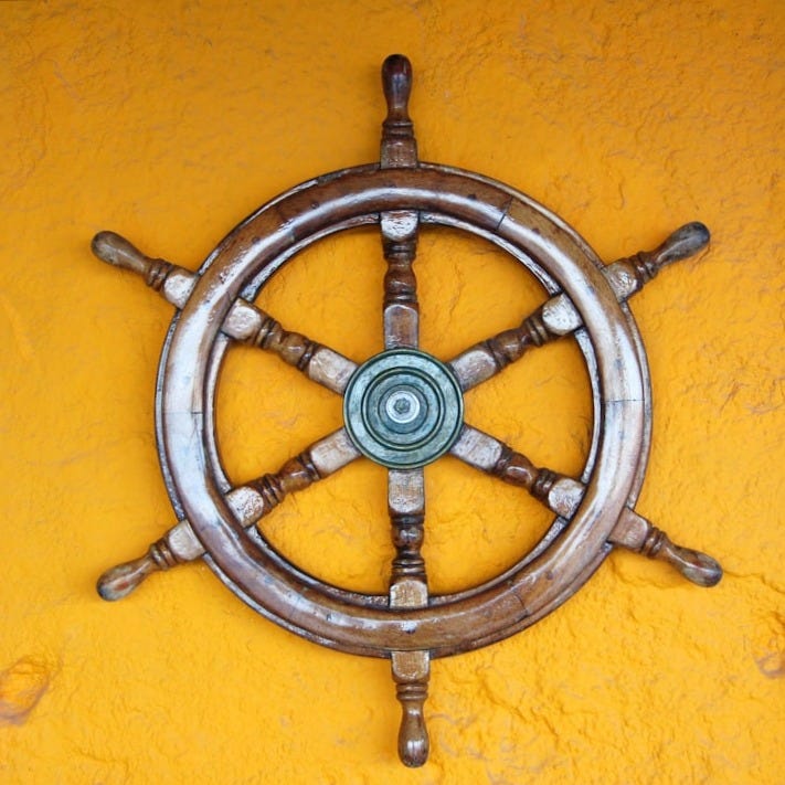 brown ship helm on wall