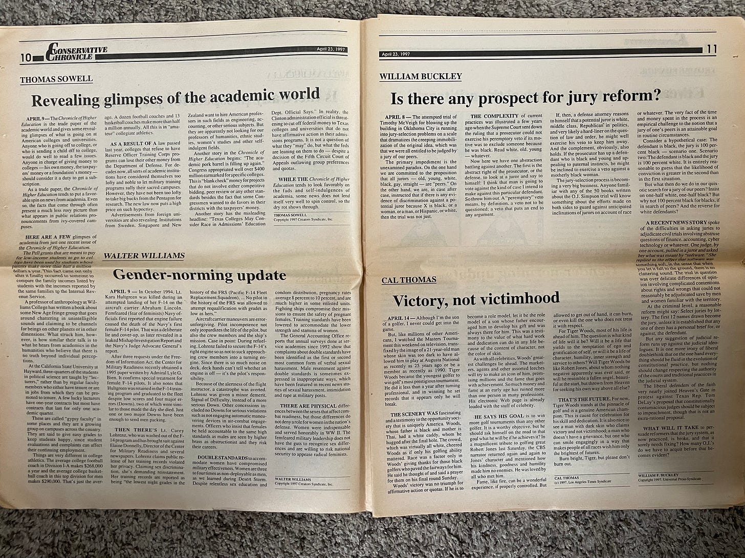 pages from an old, yellowed newspaper. headlines read revealing glimpses of the academic world, gender-norming update, and virtue not victimization