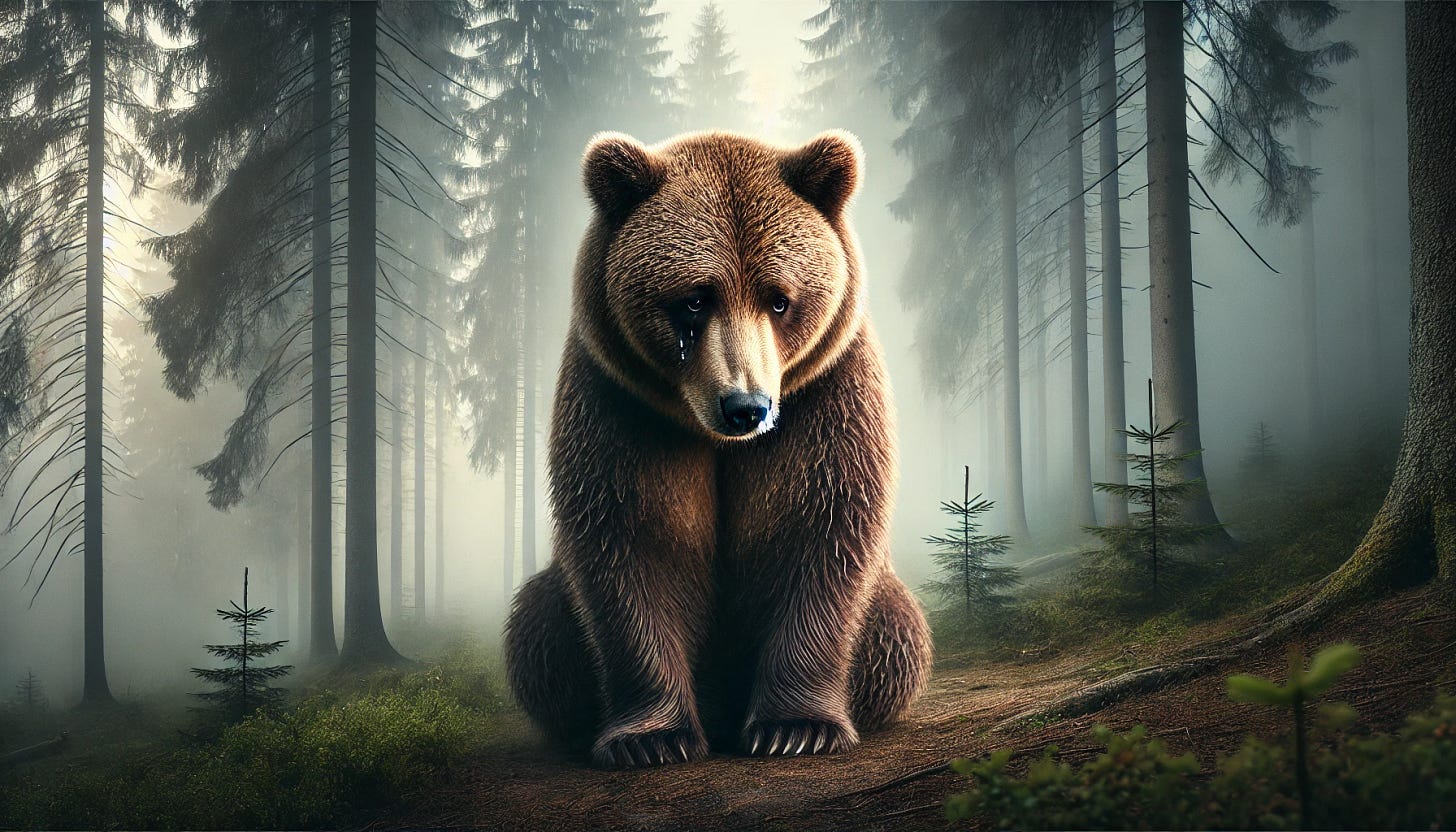 A majestic Kodiak bear sitting in a misty forest, with tears streaming down its face. The bear's expression conveys deep sorrow, and its fur is slightly damp from the mist. The forest background is serene, with tall evergreen trees and a soft, diffused light filtering through the mist. The atmosphere is melancholic yet beautiful.