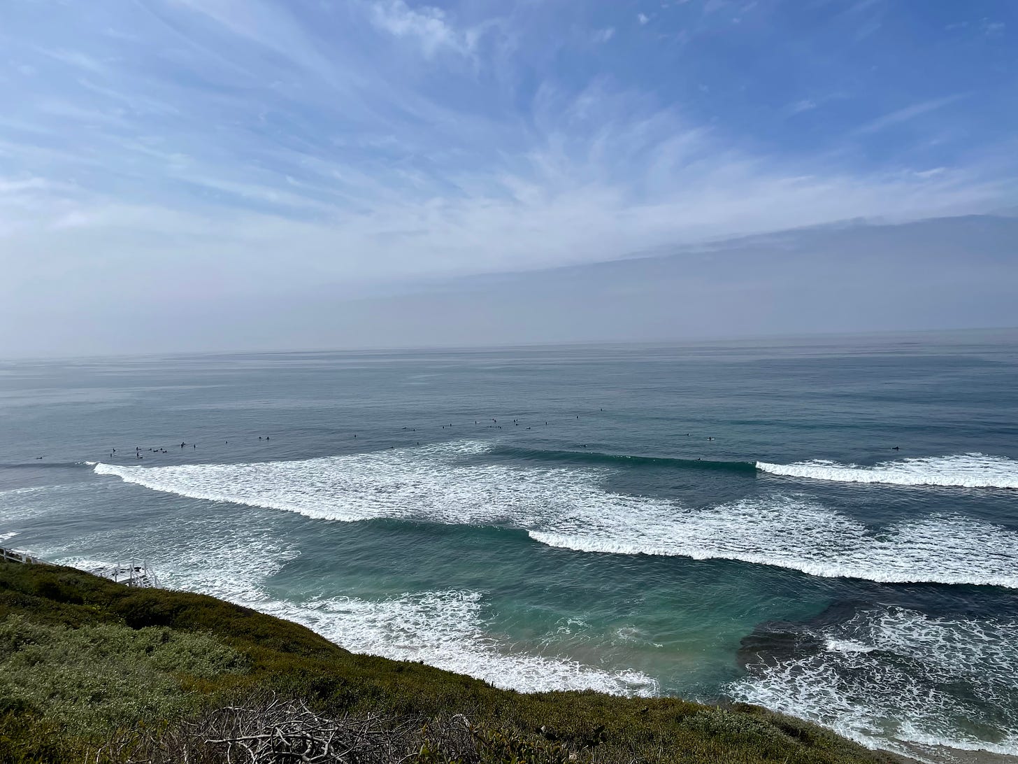 Waves of the Pacific Ocean, seen from atop a cliff. The sky is clear, with thin clouds spread across it.