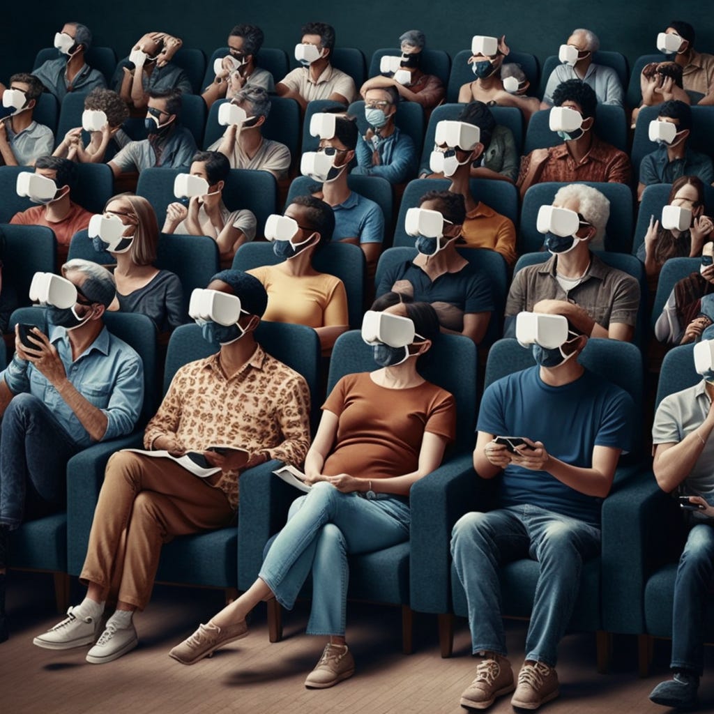 hundreds of people wearing eyemasks sitting in armchairs