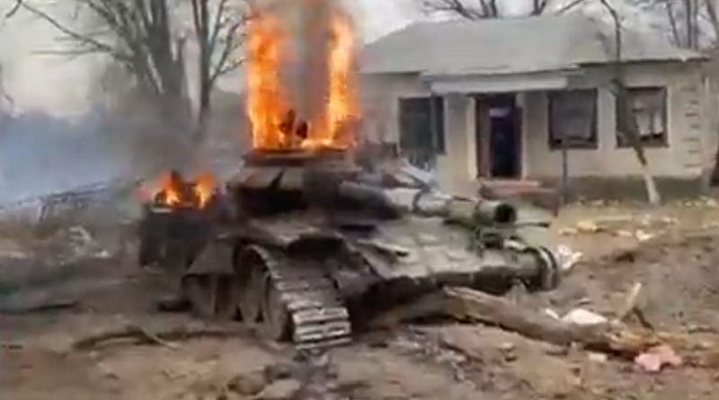 Russian T-72B3 MBT, knocked out by Ukrainians in the Sloboda village.