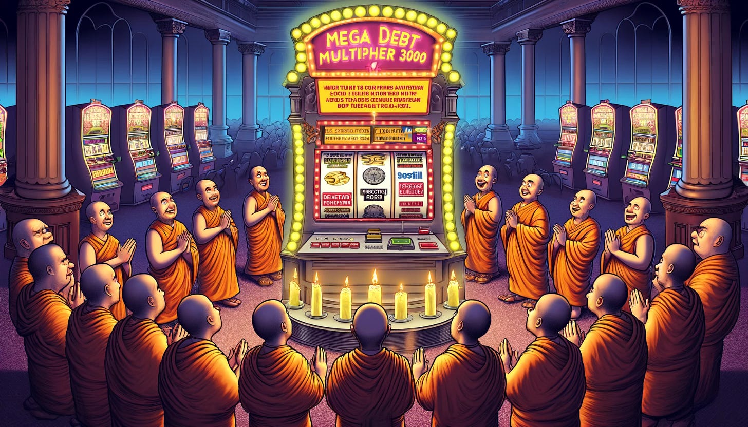 A group of Buddhist monks worshipping a slot machine in a casino