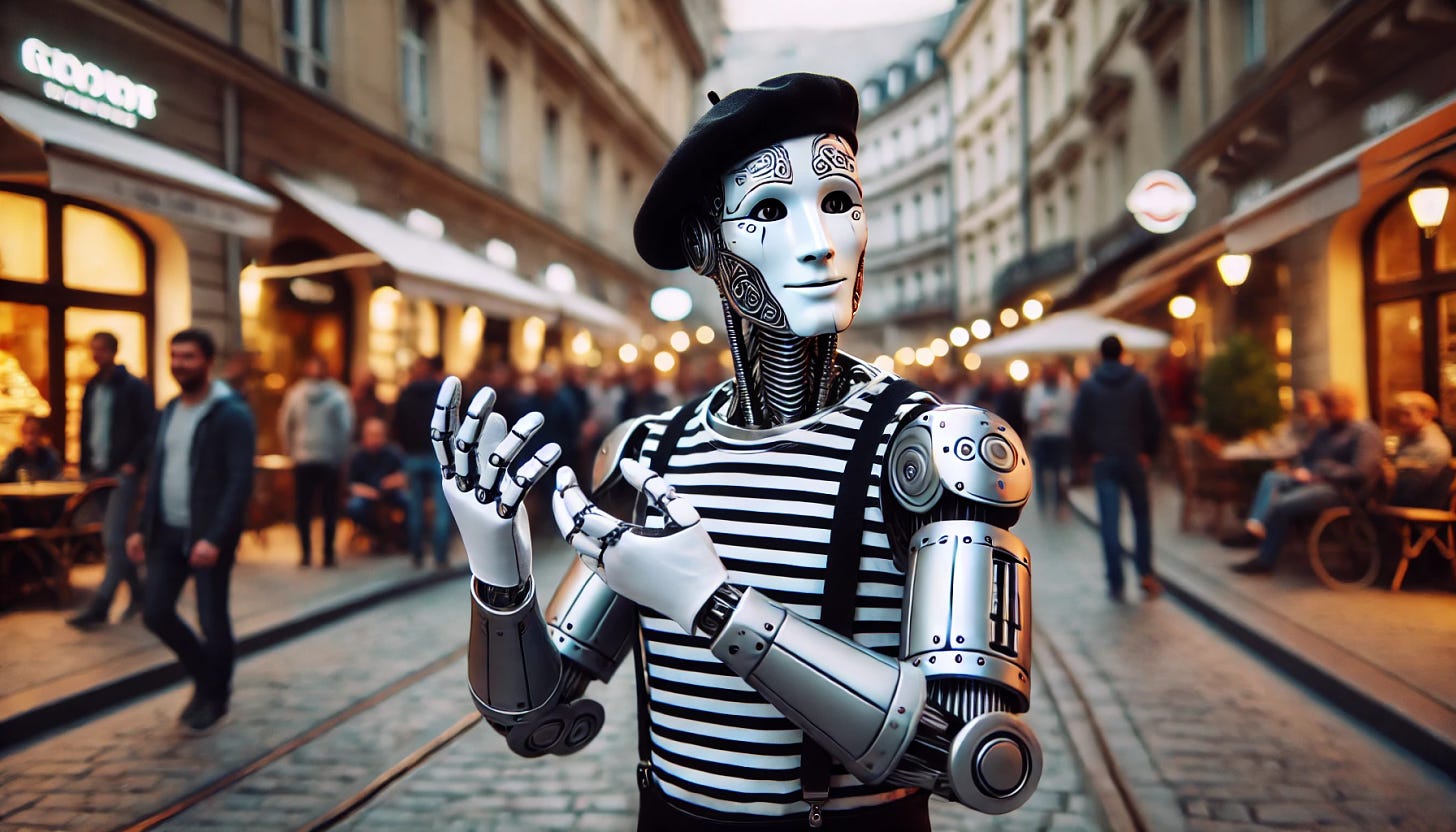 A street mime who is a robot, performing on an urban street. The robot has a metallic body with intricate humanoid features, painted with white and black to resemble traditional mime attire. It wears a striped shirt, beret, and white gloves, and is captured in an expressive mime pose. The background shows a lively street scene with cobblestones, subtle ambient lighting, and a small audience gathered to watch.