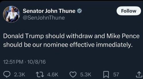 Screenshot of Senator Thune's original tweet from October 8, 2016, reads, 'Donald Trump should withdraw and Mike Pence should be our nominee effective immediately.' The tweet has 2.3k replies, 4.6k retweets, 5.3k likes, and 57 bookmarks.