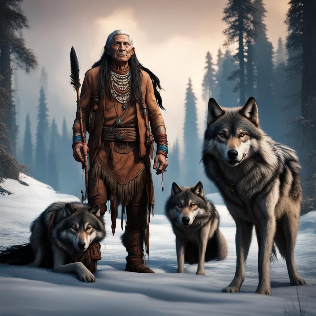 Native American grandfather and two wolves