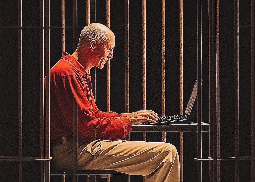 Image of a man behind bars typing at a computer keyboard