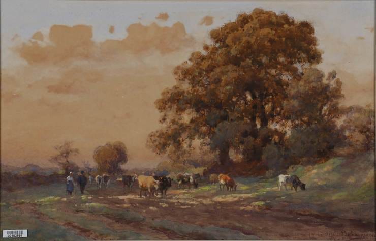 'Boer en boerin met koeien in landschap' - Aquarel: Julius van de Sande Bakhuyzen (kavel 367 - VAN ZADELHOFF)