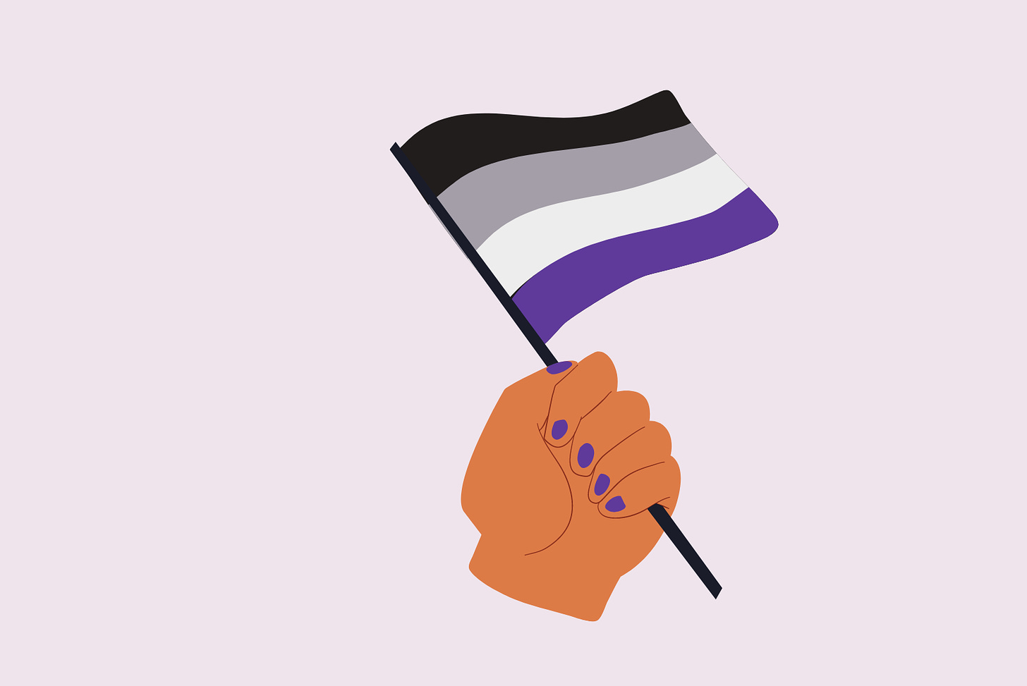 A graphic of a hand with purple nail polish holding an ace pride flag.
