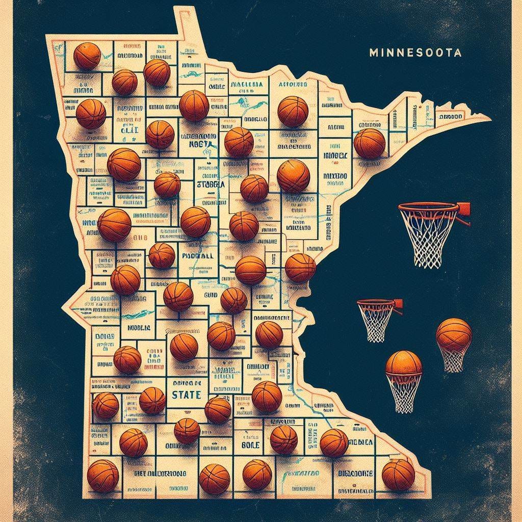 The State of Minnesota on a map, with towns marked as basketball hoops, impressionism